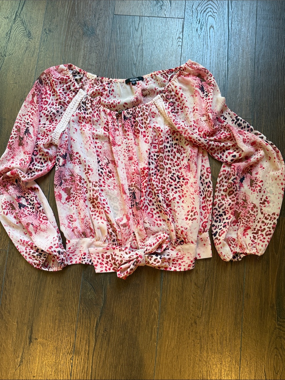 XOXO Pink Animal-Print Off-the-Shoulder Tie-Waist Top